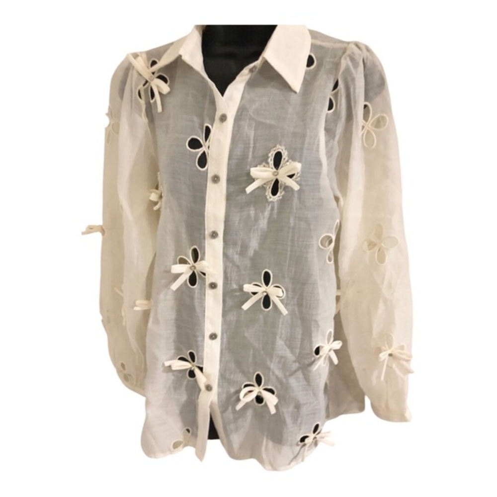 cream cutout crystal rhinestone bow adorned button down‎ sheer top shirt size M